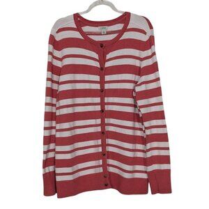 LL Bean Stripe Cardigan Womens Size Large Pink Cotton Cashmere Preppy Sweater